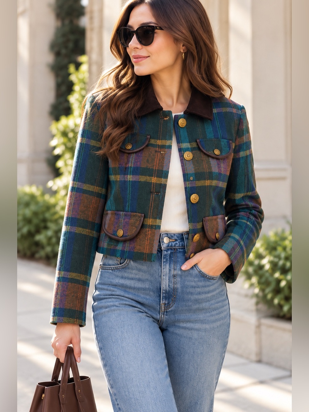 Avec Les Filles Plaid Cropped Jacket Gold Button Corduroy Trim S